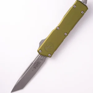 Slim, olive green automatic knife with a pointed blade.