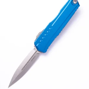 Blue-handled folding pocket knife with a sharp blade.
