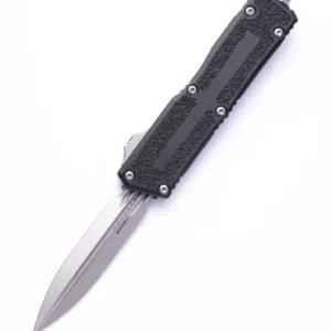 A sleek black automatic knife with a sharp blade.