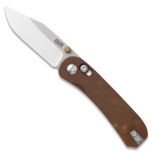 Folding knife with a stainless steel blade and brown handle.