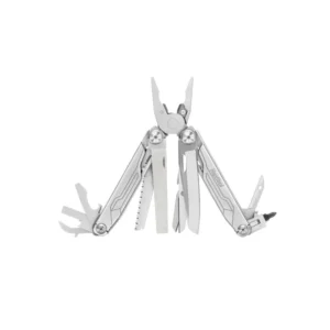 A silver multi-tool with various open tools.