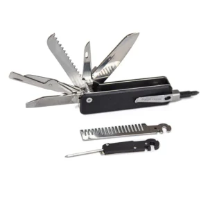 A black multitool with various fold-out blades and components, plus two separate parts.