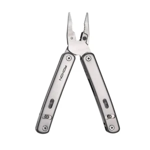 Stainless steel multitool with pliers open.