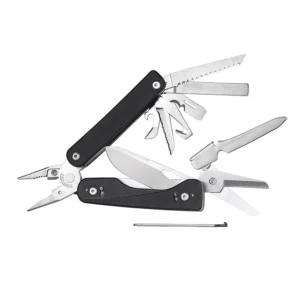 Black multi-tool with pliers, knives, and other foldable tools.