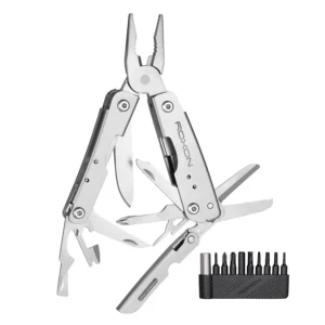 Multi-tool pliers with various fold-out tools and a bit set.