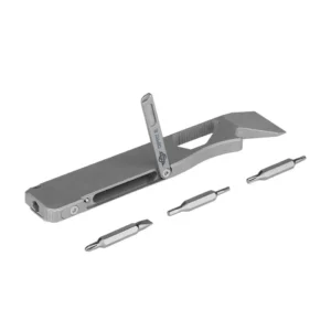 A metal tool with a ruler and three small blades.