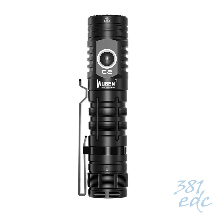 Wuben C2 black EDC flashlight front view showing side switch, Wuben branding, and pocket clip