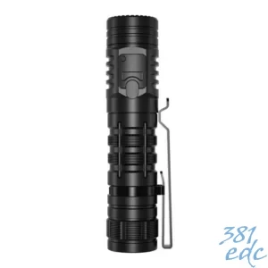 Wuben C2 black tactical EDC flashlight angled view showing LED head, side switch, and integrated pocket clip