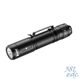 Wuben C3 black EDC flashlight angled view showing LED head, side switch, diagonal knurling, and pocket clip
