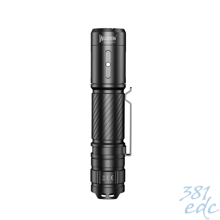 Wuben C3 black EDC flashlight front view showing full body, side switch, and integrated pocket clip