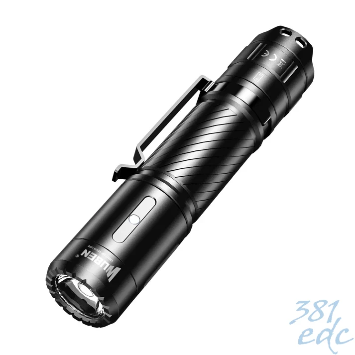 Wuben C3 black EDC flashlight angled tail view showing USB-C port cover, pocket clip, and lanyard hole