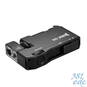 Wuben G5 black keychain EDC flashlight angled view showing 180 degree rotating head, slide switch, and dual LED emitters