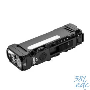 Wuben X4 black multi-function EDC flashlight angled view showing main LED head, COB side panel, slide switch, and rotary dial