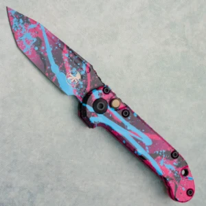 Microtech LUDT Gen III T/E automatic knife, Pink handle, Black and Light Blue splatter tanto blade